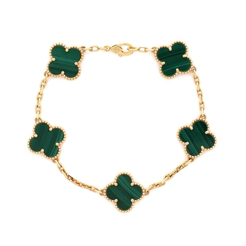 Van Cleef & Arpels Vintage Alhambra 5 Motifs Bracelet 18K Yellow Gold: Measurements: Circumference: 7.50 ", Width: 14.90 mm . Condition: Pre-owned - Good,Brand: Van Cleef & Arpels,Main Stone: Malachite,Metal: 18K Yellow Gold,Metal Purity: 18K,Style: Bracelet,Type: Bracel