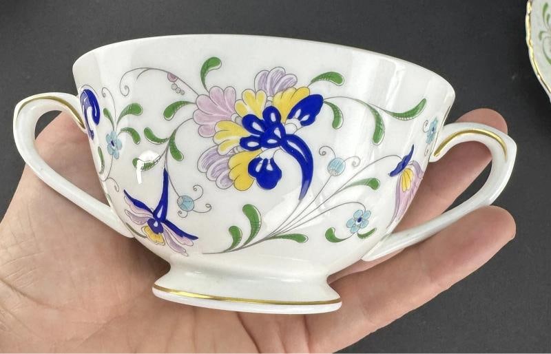 12 Coalport Fanfare Japan 2 Handle Bullion Soups with Under Plates - 9