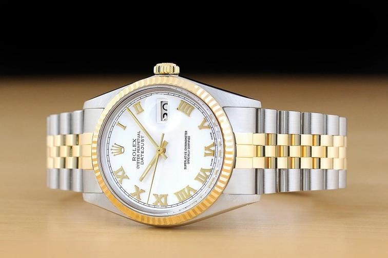 ROLEX MENS DATEJUST 16013 WHITE ROMAN DIAL 18K YELLOW GOLD STEEL TWO TONE WATCH - 2