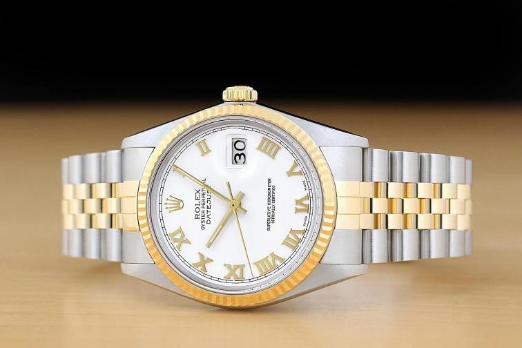 ROLEX MENS DATEJUST 16013 WHITE ROMAN DIAL 18K YELLOW GOLD STEEL TWO TONE WATCH - 3
