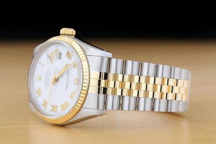ROLEX MENS DATEJUST 16013 WHITE ROMAN DIAL 18K YELLOW GOLD STEEL TWO TONE WATCH - 4