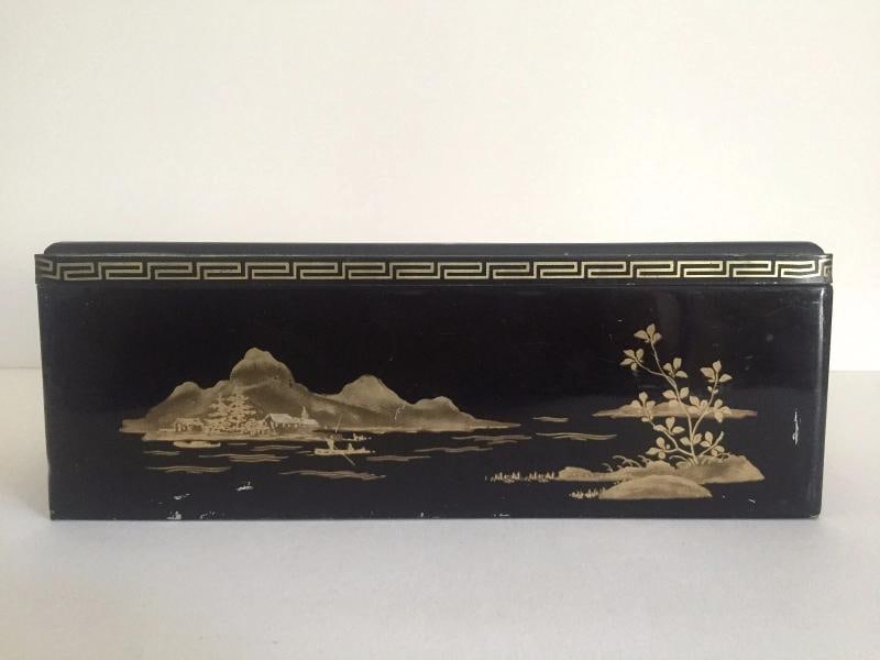 VINTAGE 1940'S COFFRET HOLLANDAIS LARGE BLACK METAL ASIAN STYLE BISCUIT TIN BOX - 3
