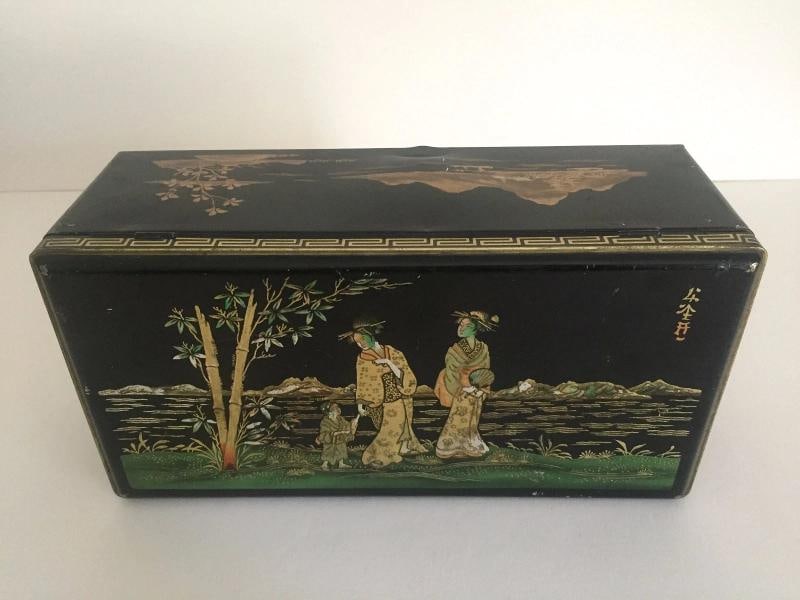 VINTAGE 1940'S COFFRET HOLLANDAIS LARGE BLACK METAL ASIAN STYLE BISCUIT TIN BOX - 5
