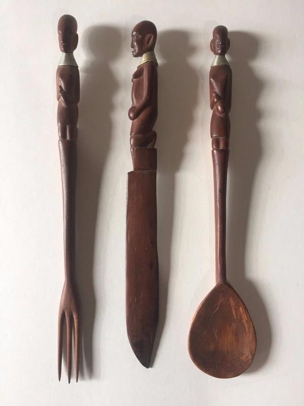 VINTAGE AFRICAN ZULU HAND CARVED WOOD SERVING UTENSILS - SET OF 3: Condition: Used,Country of Origin: South Africa,Type: Spoon,Brand: Unbranded,Culture: Zulu