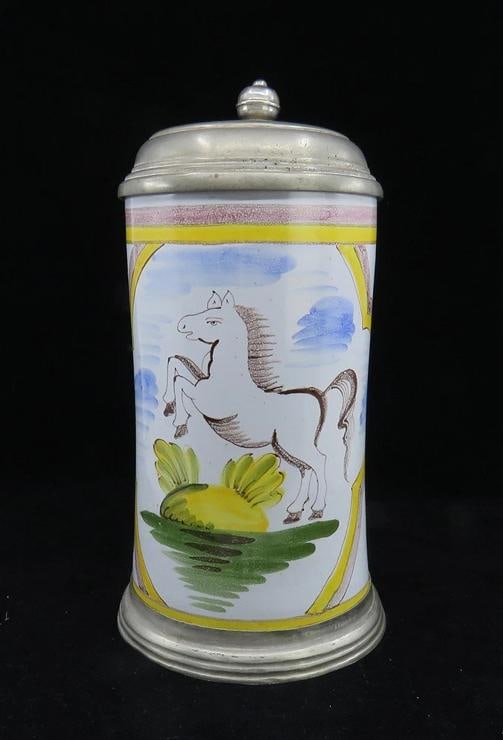 Charming mid 1800s German Faience Beer Stein 1L Rearing Horse Scene Pewter Lid: Condition: Used: An item that has been used previously. See the sellerÃ¢â‚¬â„¢s listing for full details and description of any imperfections. ,Brand:
