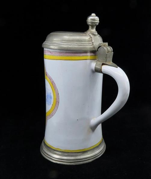 Charming mid 1800s German Faience Beer Stein 1L Rearing Horse Scene Pewter Lid - 3