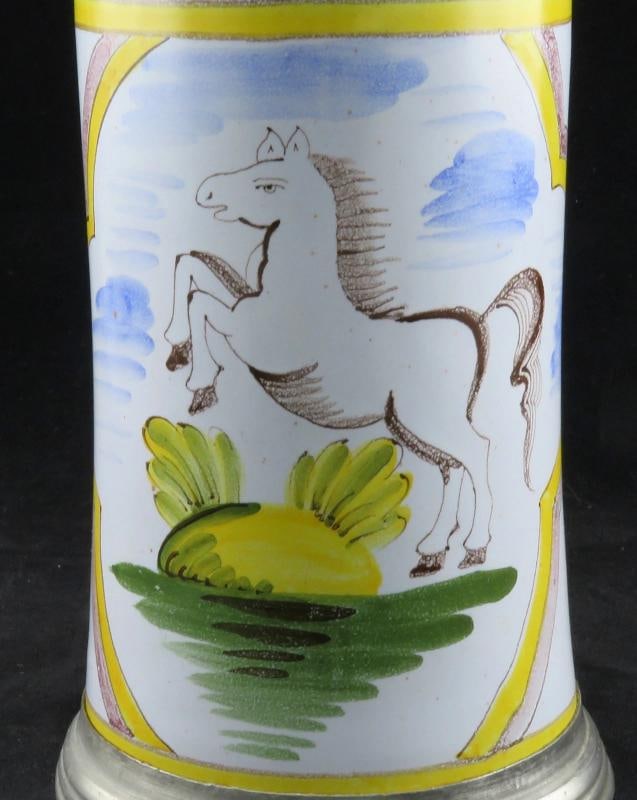Charming mid 1800s German Faience Beer Stein 1L Rearing Horse Scene Pewter Lid - 4