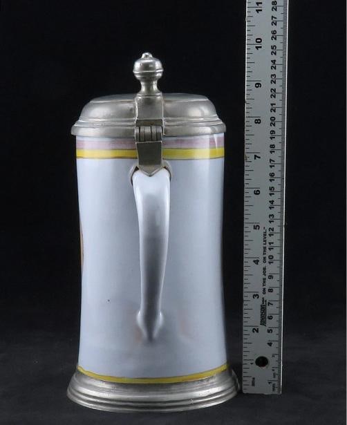 Charming mid 1800s German Faience Beer Stein 1L Rearing Horse Scene Pewter Lid - 8