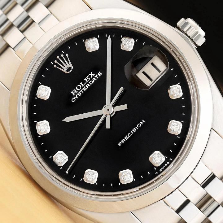 ROLEX OYSTERDATE PRECISION 6694 BLACK DIAMOND MANUAL WIND STEEL 34MM WATCH: Condition: Pre-owned - Good,Bezel Color: Silver,Max Wrist Size: 7.26-7.5 in,Number of Jewels: 17 Jewels,Indices: Diamond Markers, 12-Hour Dial,Bezel: Rolex Stainless Steel Smooth Bezel,Band/Strap: Bra