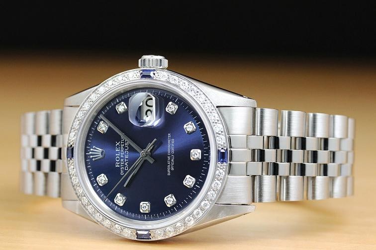 ROLEX MENS DATEJUST 1603 18K WHITE GOLD DIAMOND SAPPHIRE STEEL BLUE DIAL WATCH - 2