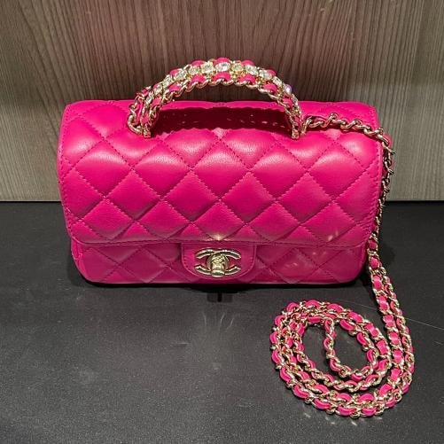 Chanel Mini Crystal & Brass Top Handle Bag in Dark Pink - 2