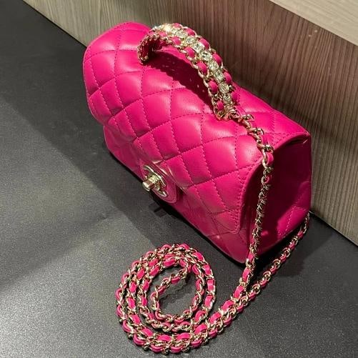 Chanel Mini Crystal & Brass Top Handle Bag in Dark Pink - 3