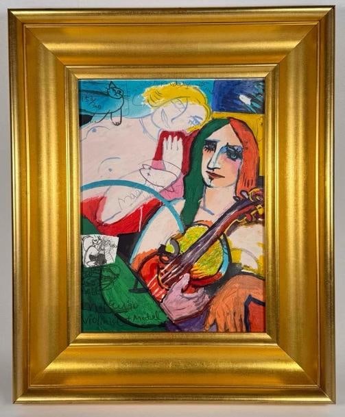 Michael Leu 1990 Violinist & Model 153/300 Serigraph Art Print Signed Gilt Frame - 2