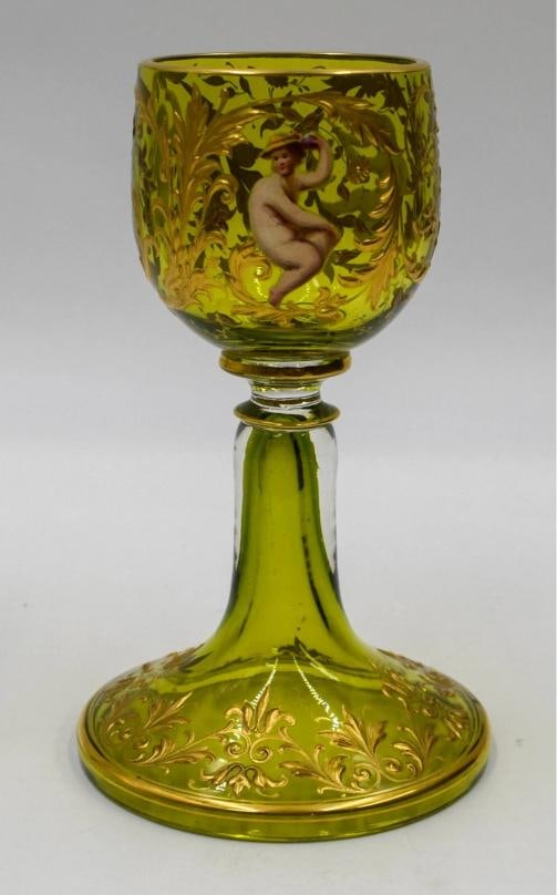 Rare Moser Heavy Raised Gold & Enamel Wine Glass w/ 3 Different Cherubs, C1895: Condition: Used,Color: Gold,Type: Wine Glass,Brand: Moser,Year Manufactured: 1895,Country of Origin: United States