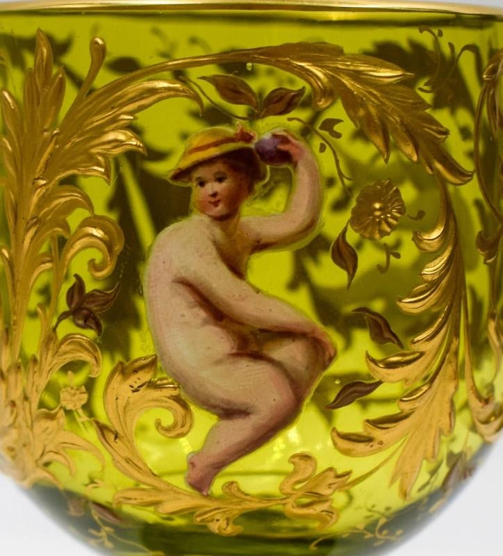 Rare Moser Heavy Raised Gold & Enamel Wine Glass w/ 3 Different Cherubs, C1895 - 3