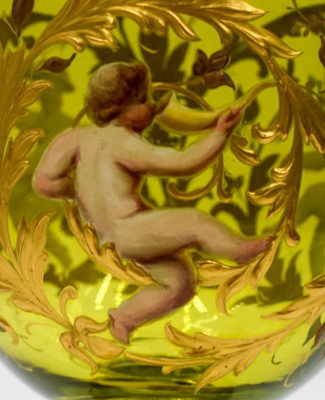 Rare Moser Heavy Raised Gold & Enamel Wine Glass w/ 3 Different Cherubs, C1895 - 4