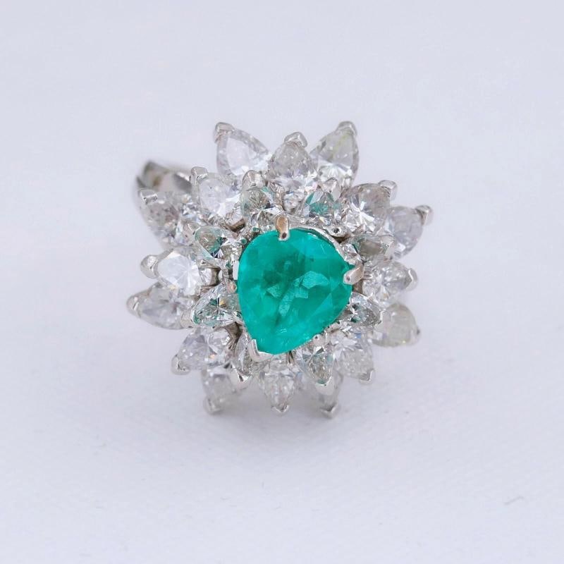 Natural Green Emerald and Diamond Platinum Ballerina Ring - 10