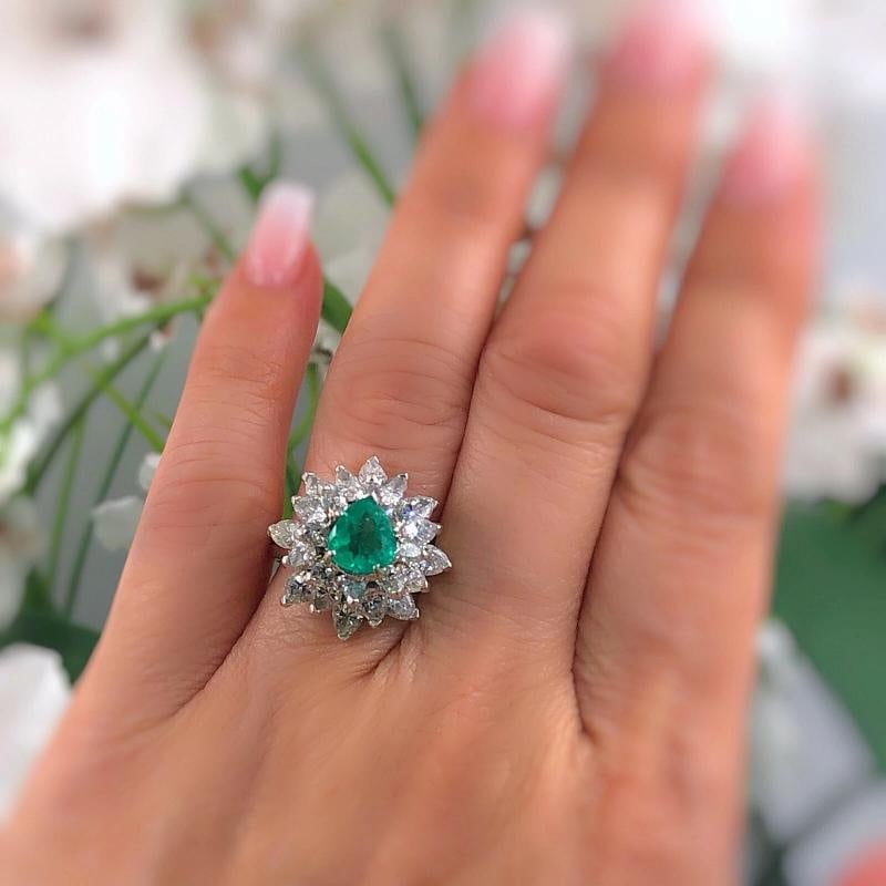 Natural Green Emerald and Diamond Platinum Ballerina Ring: Condition: Pre-owned - Good,Main Stone Creation: Natural,Fancy Diamond Color: Green,Sizable: Yes,Ring Shape: Flower,Main Stone Color: Green,Metal: Platinum,Gender: Female,Total Carat Weight: 2.00 -