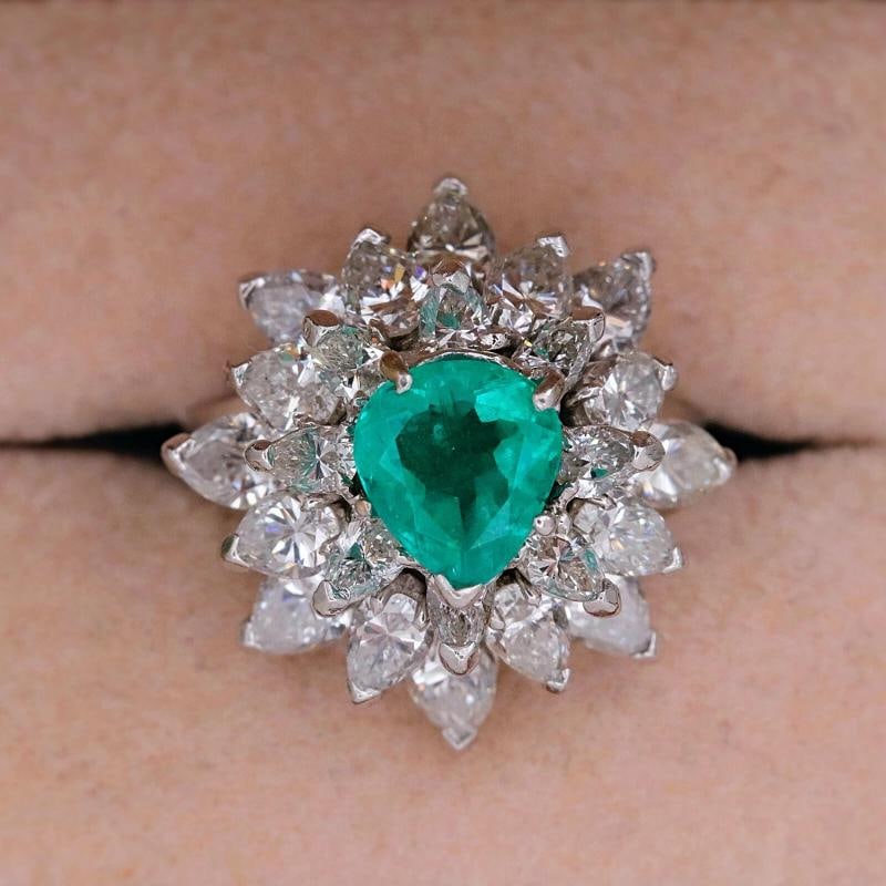Natural Green Emerald and Diamond Platinum Ballerina Ring - 2