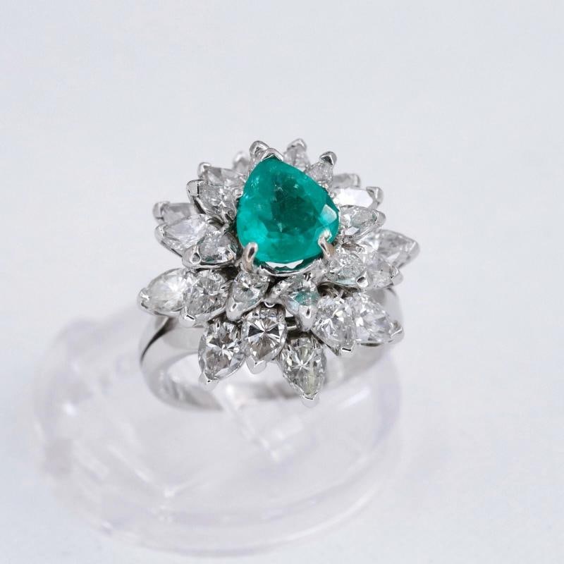 Natural Green Emerald and Diamond Platinum Ballerina Ring - 6