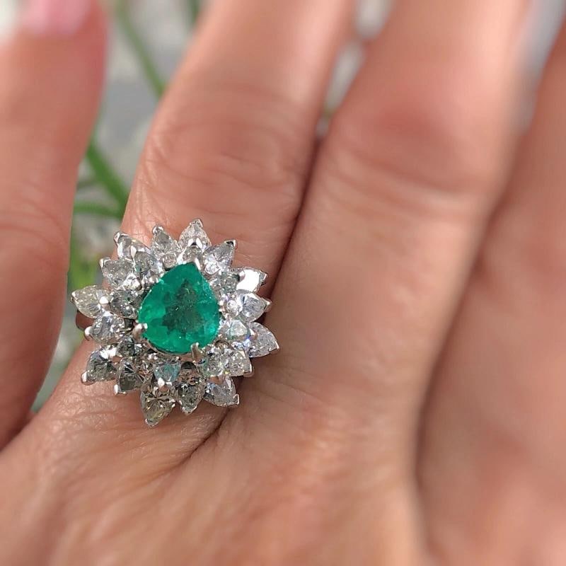 Natural Green Emerald and Diamond Platinum Ballerina Ring - 7
