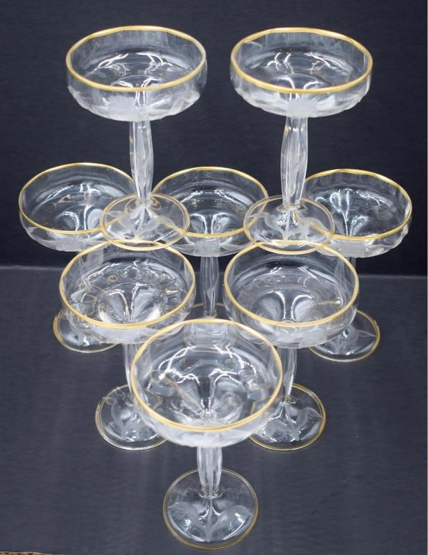 8 Moser Hand Blown & Engraved Saucer Champagne Coupes, Tulips - 2