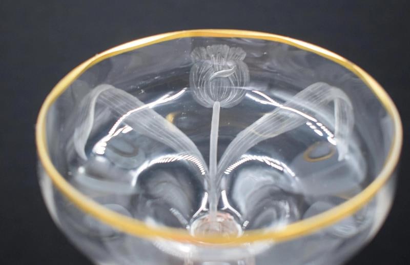 8 Moser Hand Blown & Engraved Saucer Champagne Coupes, Tulips - 6