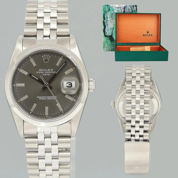 MINT Rolex Oyster Perpetual Date 34mm 15200 Steel Grey Stick Jubilee Watch Box: Brand Rolex (Guaranteed Authentic) Model Date Reference Number 15200 Serial Number X Gender Unisex Metal Stainless Steel Case Size 34.00mm Wrist Size This watch will currently comfortably fit a wrist