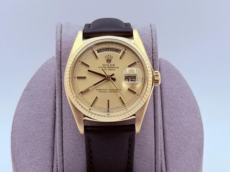 Rolex Day Date 1803 Champagne Pie Pan Dial 18k Yellow Gold Custom Leather Strap (1 of 9)