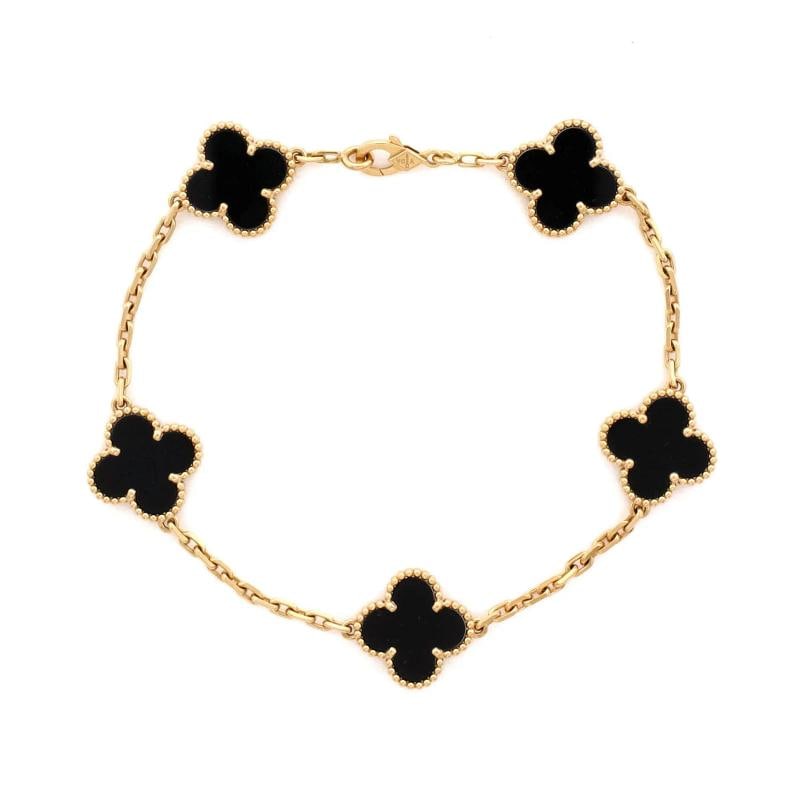 Van Cleef & Arpels Vintage Alhambra 5 Motifs Bracelet 18K Yellow Gold and Onyx: Measurements: Circumference: 8.25 ", Width: 14.95 mm . Condition: Pre-owned - Good,Brand: Van Cleef & Arpels,Main Stone: Onyx,Metal: 18K Yellow Gold,Metal Purity: 18K,Style: Bracelet,Type: Bracelet,Co