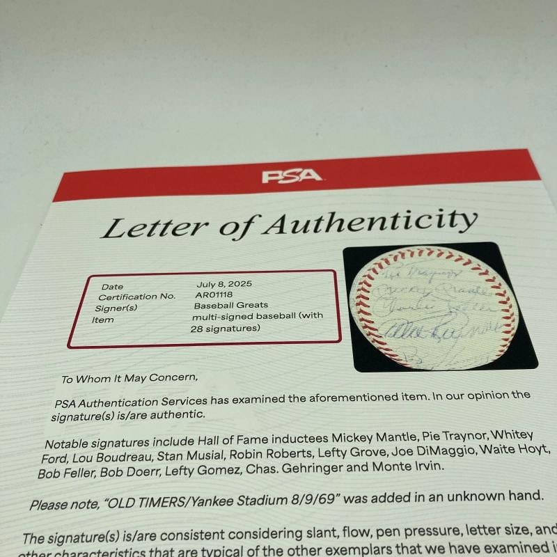 Mickey Mantle & Joe Dimaggio 1969 Old Timers Game HOF Signed Baseball PSA DNA - 9
