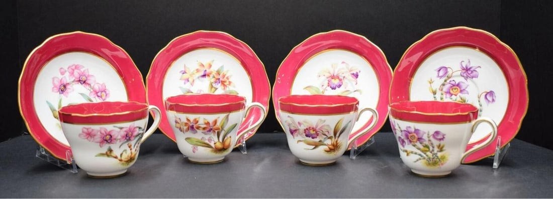 Set of 4 Copeland Spode Orchid Cups and Saucers, Circa 1930, Hand Painted: Condition: Used: An item that has been used previously. The item may have some signs of cosmetic wear, but is fully operational and functions as intended. This item may be a floor model or store