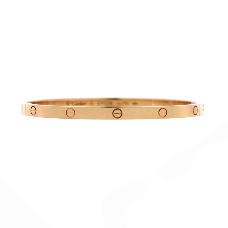 Cartier Love Bracelet 18K Rose Gold Small: Measurements: Circumference: 5.80 ", Width: 3.60 mm . Condition: Pre-owned - Good,Brand: Cartier,Main Stone: Unknown,Metal: 18K Rose Gold,Metal Purity: 18K,Style: Bracelet,Type: Bracelet,Color: Rose G