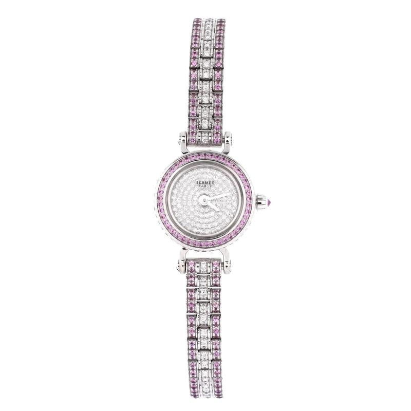 Hermes Faubourg Quartz Watch White Gold with Pave Diamond Bezel, Pink Sapphire: Condition: Pre-owned - Good,Brand: Hermes,Department: Women,Type: Watch,Movement: Quartz,Band Color: Multi Color,Band Material: 18 K White Gold,Case Material: 18 K White Gold,Style: W, A, T, C, H Esti