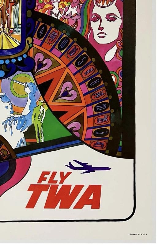 Original Vintage Poster LAS VEGAS - FLY TWA Airline Travel Tourism LINEN - 5