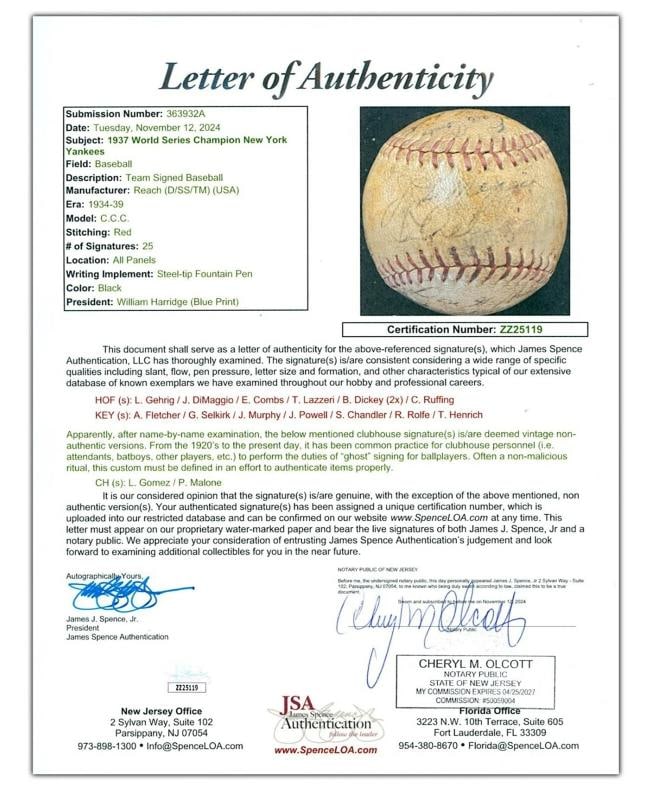 Lou Gehrig 1937 New York Yankees World Series Champs Team Signed Baseball JSA - 5