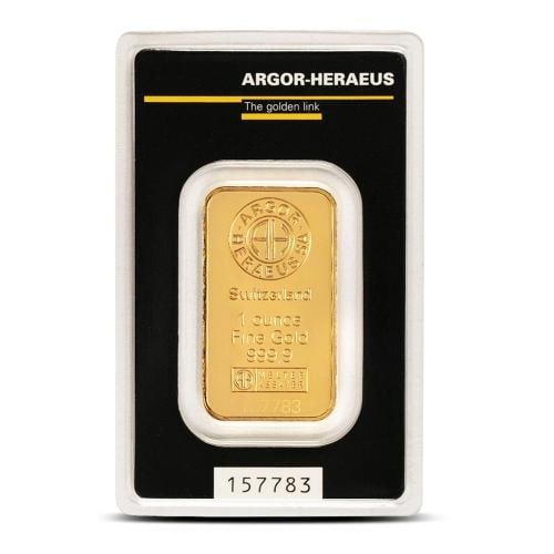 1 oz Argor Heraeus Kinebar Gold Bar (New w/ Assay): Certification: Assay Card,Shape: Bar,Brand/Mint: Argor Heraeus,Country of Origin: Switzerland,Precious Metal Content per Unit: 1.00000,Fineness: 0.9999,Composition: Gold Low Estimate: 8000.00 High Es
