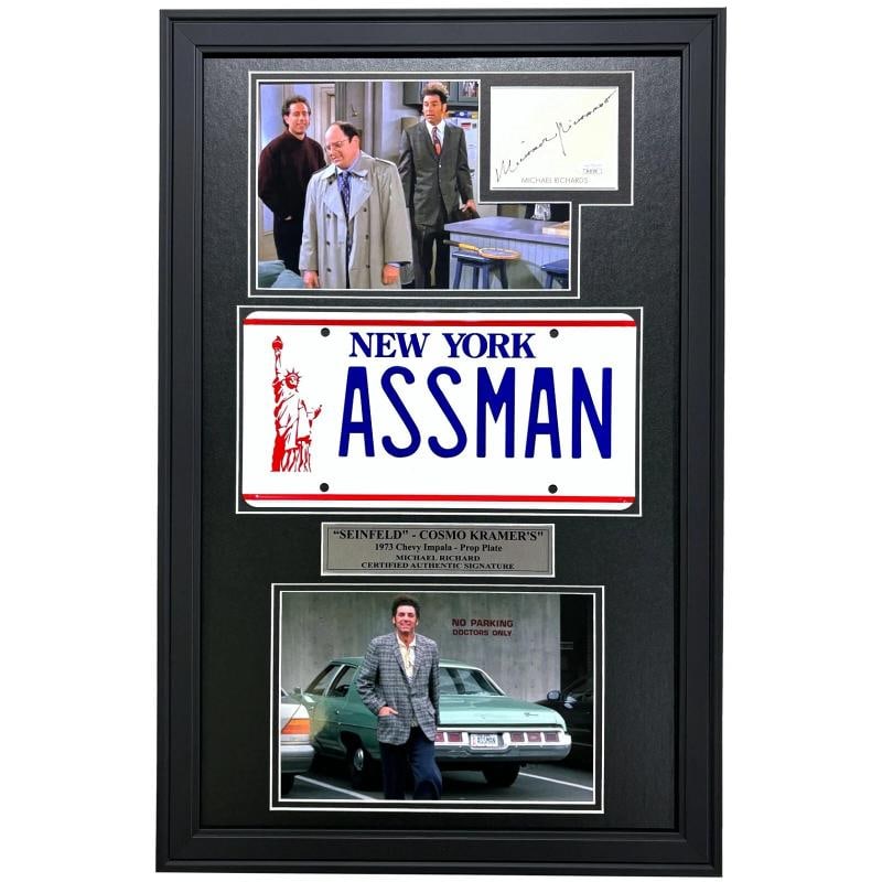 Michael Richards Seinfeld Kramer's Signed License Plate Framed JSA COA ASSMAN: Industry: Television,Personalize: No,Signed by: Michael Richards,Signed: Yes,Autograph Authentication: James Spence (JSA),Object Type: License Plate,Original/Reproduction: Original,Show: