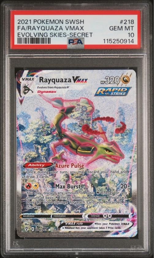2021 POKEMON SWORD & SHIELD EVOLVING SKIES SECRET FULL ART/RAYQUAZA VMAX PSA 10: Condition: Graded - PSA 10: Professionally graded ,Graded: Yes,Set: 2021 POKEMON SWORD & SHIELD EVOLVING SKIES,Game: PokÃÂ©mon TCG,Character: FULL ART/RAYQUAZA VMAX,Card Name: FULL