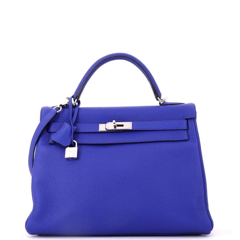 Hermes Kelly Handbag Blue Togo with Palladium Hardware 32: Condition: Pre-owned - Good,Brand: Hermes,Exterior Material: Leather,Style: Top Handle,Exterior Color: Blue,Department: Women,Size: 32,Accessories: Lock, Keys, Clochette, With Strap Condition: Very go
