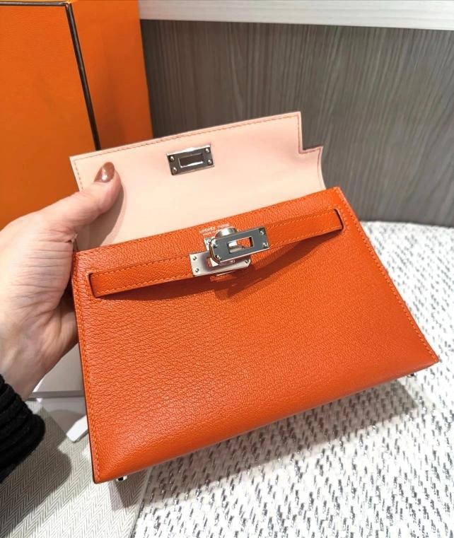 Unworn Hermes Mini Kelly 20 Verso Feu Orange Chevre Mysore Palladium Y Stamp - 12