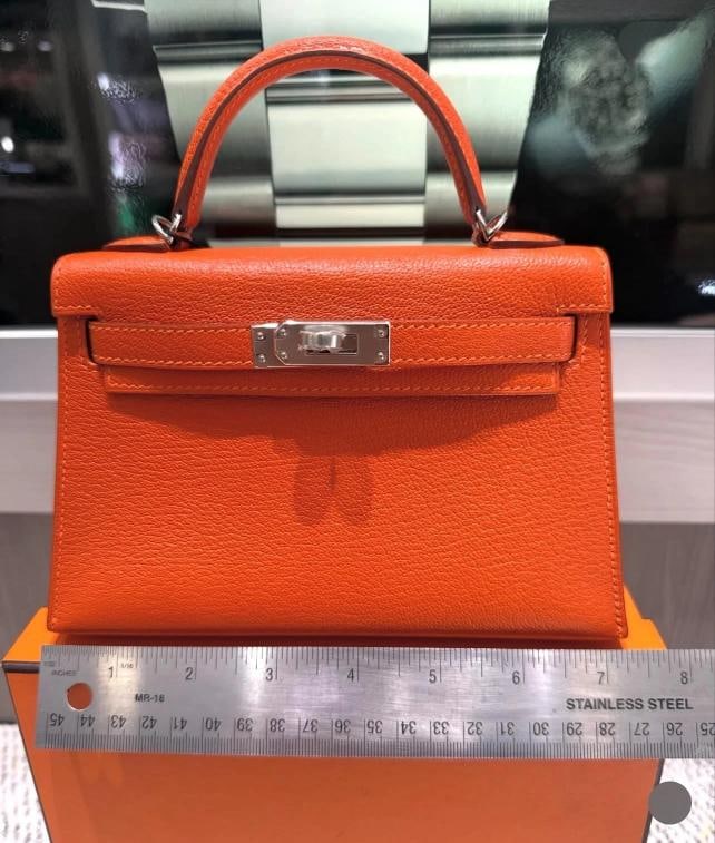 Unworn Hermes Mini Kelly 20 Verso Feu Orange Chevre Mysore Palladium Y Stamp - 15
