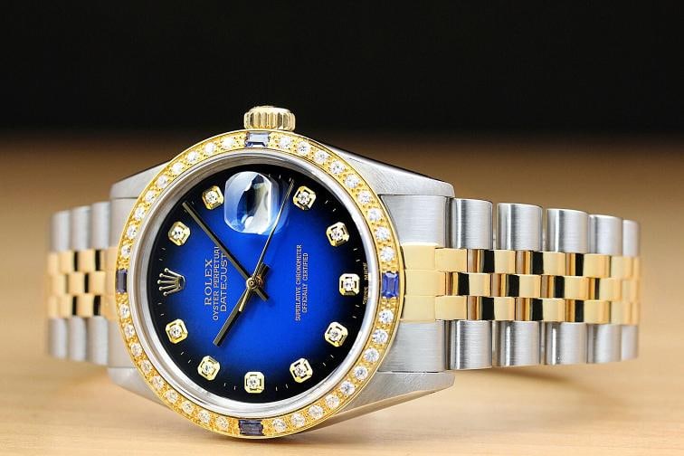 ROLEX MENS DATEJUST 16013 BLUE VIGNETTE SAPPHIRE DIAMOND 18K GOLD STEEL WATCH - 2