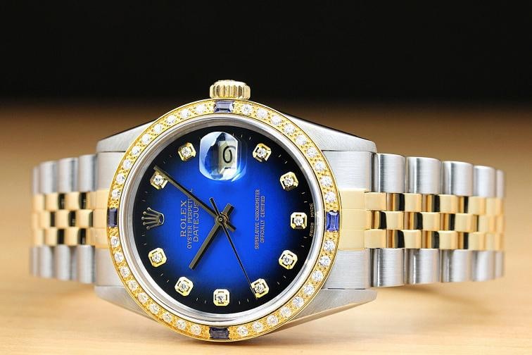 ROLEX MENS DATEJUST 16013 BLUE VIGNETTE SAPPHIRE DIAMOND 18K GOLD STEEL WATCH - 3