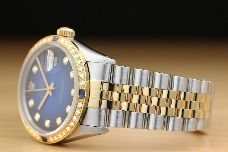 ROLEX MENS DATEJUST 16013 BLUE VIGNETTE SAPPHIRE DIAMOND 18K GOLD STEEL WATCH - 4