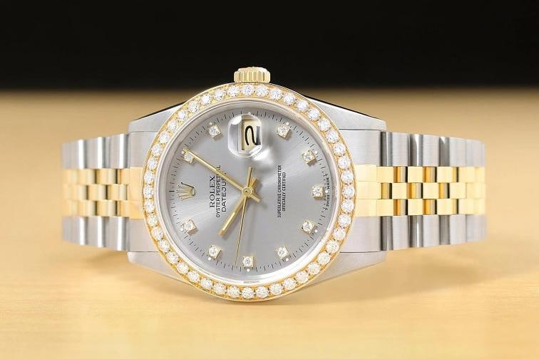 ROLEX DATEJUST 16233 GRAY FACTORY DIAMOND 1.6 CT BEZEL 18K GOLD STEEL WATCH - 3