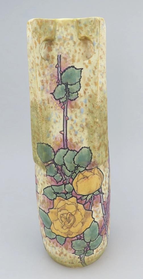 Impressive Art Nouveau c1890s Amphora Austria Yellow Roses Tall Vase 18.5": This piece stands about 18 1/2 inches tall and measures about 6 3/4 inches in diameter. Low Estimate: 2000.00High Estimate: 3000.00