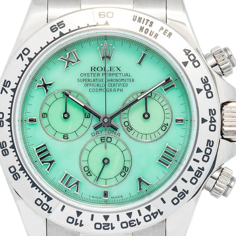 Rolex Daytona 116519 RARE Green Beach MOP 18k White Gold 2009 Papers Unisex 40mm: Case Size 40mm Wrist Fit 7 inches Box no Papers 2009 paper Condition Ã¢â¬â Used - Good Full Specifications Brand Rolex Customized no Serial # F5xxxxx Gender Men Band Material