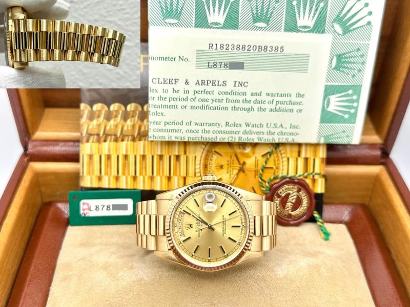 Van Cleef & Arpels Rolex Day Date President 18238 VCA 18K Yellow Gold Box Paper: Style Number: 18238 VAN CLEEF & ARPELS - RARE COLLECTIBLE PIECE! Serial: L878*** Year: 1989 Model: Rolex President Day Date Case Material: 18K Yellow Gold Band: 18K Yellow Gold - VCA stamp in clasp Be