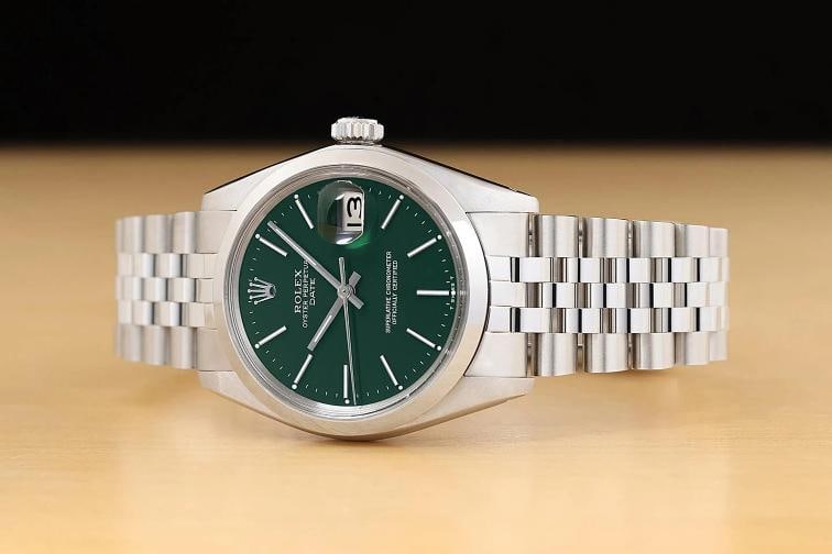 ROLEX OYSTER PERPETUAL DATE 1500 GREEN DIAL SMOOTH BEZEL STEEL 34MM WATCH - 2